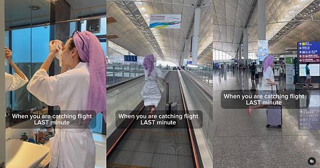 片中的朱智賢上一秒仍在洗手間敷Mask，下一秒她以浴袍Look在香港機場狂奔。（Ig影片截圖）