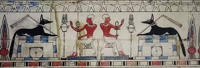 This undated photo shows a colorful mural at an ancient tomb uncovered in Al-Bahnasa archaeological site in Minya province, Egypt. (Egyptian Ministry of Tourism and Antiquities/Handout via Xinhua)