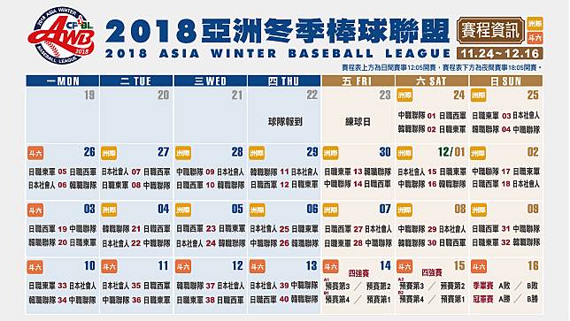 2018亞洲冬季棒球聯盟賽程表。（主辦單位提供）