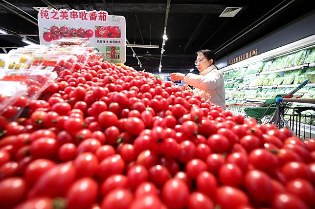 A customer selects fruit and vegetables at a supermarket in Shijiazhuang, north China's Hebei Province, Jan. 9, 2025. (Photo by Liang Zidong/Xinhua)