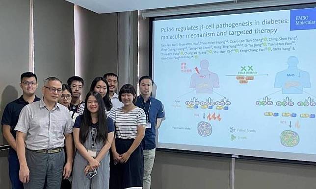 中研院楊文欽(前左)團隊透過小鼠實驗發現，Pdia4負責調控胰島細胞，且透過研發的抑制劑「PS1」抑制Pdia4作用，進而抑制胰島衰竭並逆轉糖尿病。(楊文欽提供)