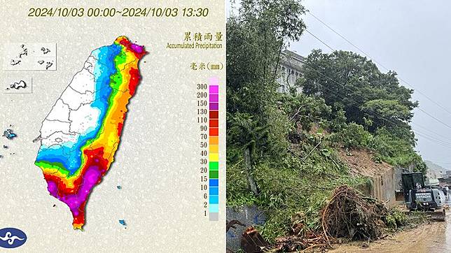 中央氣象署公布累積雨量情況。右圖為新北瑞芳邊坡崩塌。翻攝自中央氣象署、洪孟楷臉書