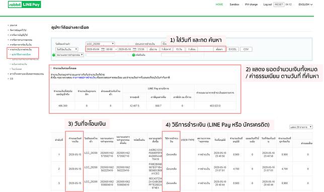 ขั้นตอนนี้ ร้านค้าสามารถตรวจสอบรายละเอียดธุรกรรมได้อย่างละเอียด เช่น กำหนดวันฝากเงิน , หมายเลขธุรกรรม , วิธีการชำระเงิน , ยอดเงินที่ลูกค้าชำระ , ค่าธรรมเนียม , และ ยอดเงินที่จะถูกโอนเข้าบัญชีธนาคาร โดยข้อมูลที่แสดงเป็นข้อมูลการชำระเงินต่อรายการ