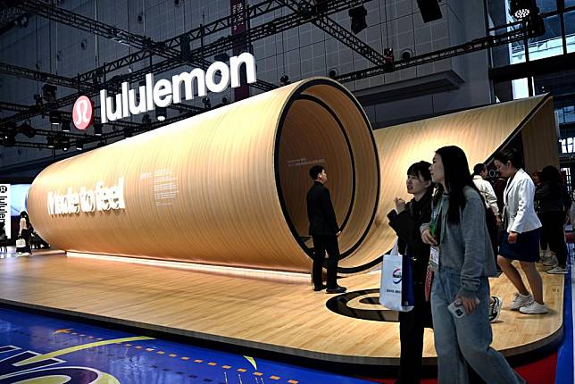 This photo taken on Nov. 9, 2024 shows the booth of Lululemon, a first-time exhibitor of the China International Import Expo (CIIE), during the 7th CIIE in east China's Shanghai. (Photo by Chen Haoming/Xinhua)