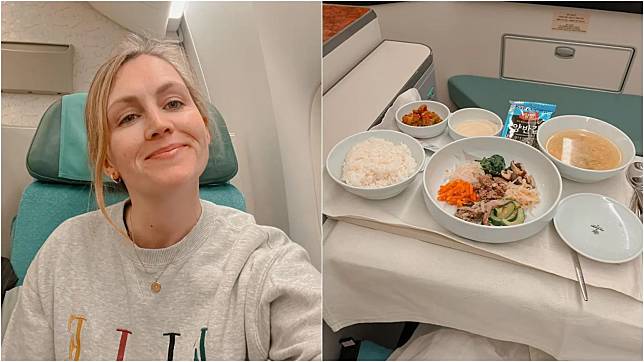 旅遊編輯高德芮（Kara Godfrey）體驗大韓航空飛機餐（圖／翻攝IG@karawillow）