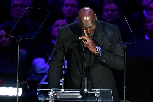 LOS ANGELES, CALIFORNIA – FEBRUARY 24: Michael Jordan speaks during The Celebration of Life for Kobe & Gianna Bryant at Staples Center on February 24, 2020 in Los Angeles, California. (Photo by Kevork Djansezian/Getty Images)