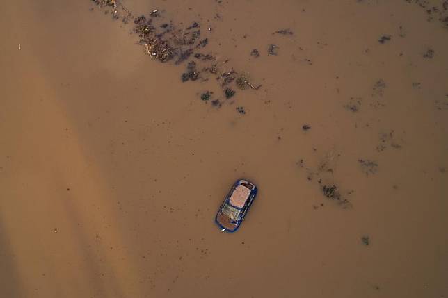 An aerial drone photo taken on Nov. 2, 2024 shows a view of the flood-affected area in Utiel, Spain. (Xinhua/Meng Dingbo)