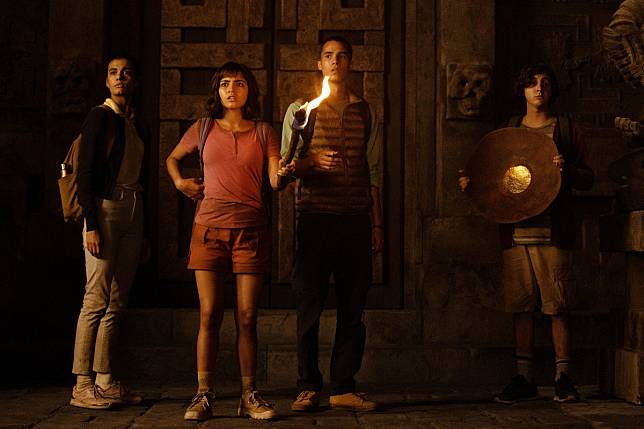 Madeleine Madden, Isabela Moner, Jeff Wahlberg and Nicholas Coombe in a still from Dora and the Lost City of Gold (category: I. James Bobin directs.