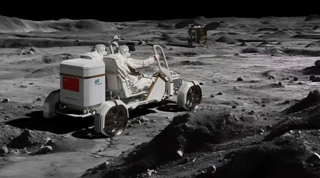 This image is a conceptual illustration of the prototype of a Chinese manned lunar rover. (China Academy of Space Technology/Handout via Xinhua)