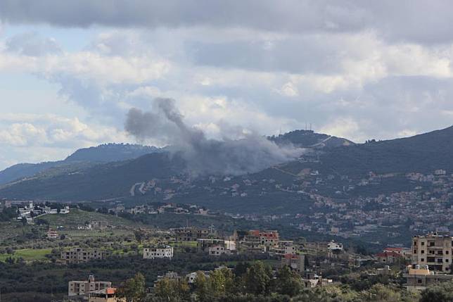 This photo taken on March 15, 2024 shows smoke caused by an Israeli airstrike in Kafr Kila, Lebanon. (Photo by Taher Abu Hamdan/Xinhua)