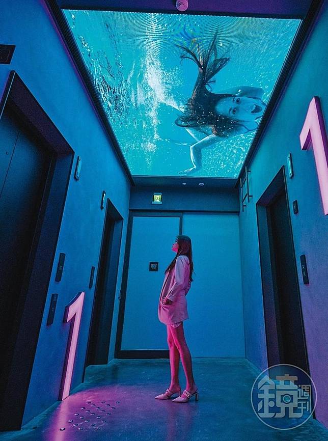 電梯梯廳上方螢幕中的美女游泳影片格外吸睛。