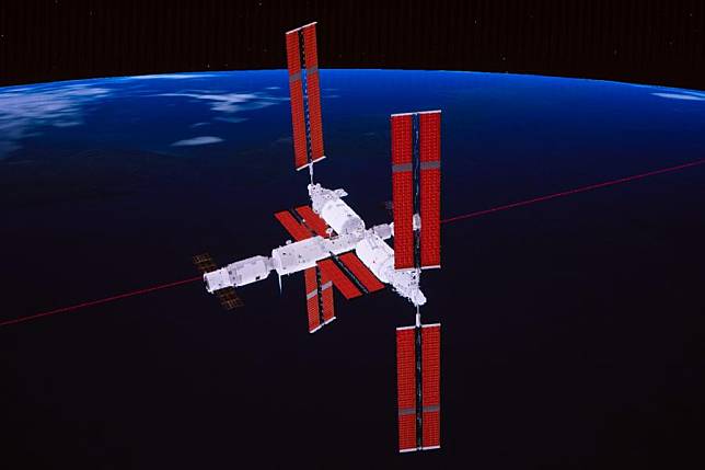 This simulated image captured at the Beijing Aerospace Control Center on Nov. 16, 2024 shows China's cargo spacecraft Tianzhou-8 as it completes docking with the orbiting Tiangong space station. (Photo by Han Qiyang/Xinhua)