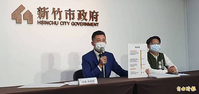 新竹市長林智堅(左)今天召開記者會，提出論文時序表，證明自己的清白。(記者蔡彰盛攝)