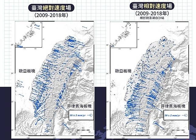 台氣象署發布示意圖顯示，地震令台灣愈來愈近大陸。