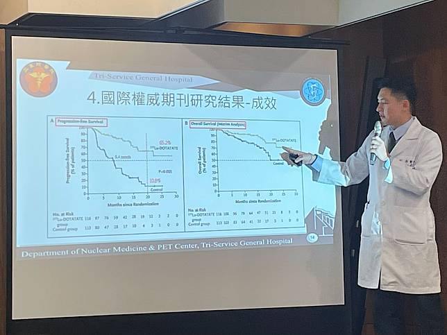 三軍總醫院核子醫學部醫師李岳說，PRRT治療可幫助神經內分泌腫瘤患者縮小腫瘤、控制病情。記者林則澄／攝影