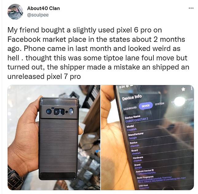 國外網友在臉書買手機，竟然收到了一台未發佈的Google Pixel 7 Pro手機。   圖：翻攝自About40 Clan推特