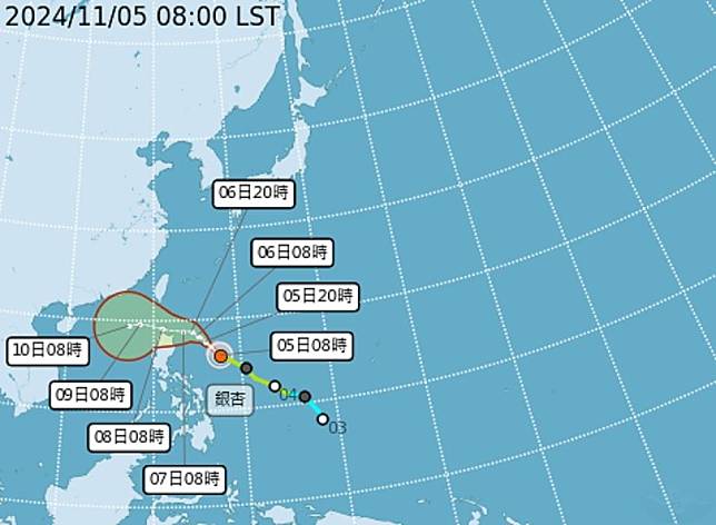 中颱銀杏未來將持續向西移動經巴士海峽進入南海，直接影響臺灣機會低。（取自中央氣象署網站）