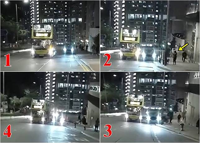 私家車閃避切線城巴失控，撞向行人路上一電單車波及遛狗女子(箭嘴示)。