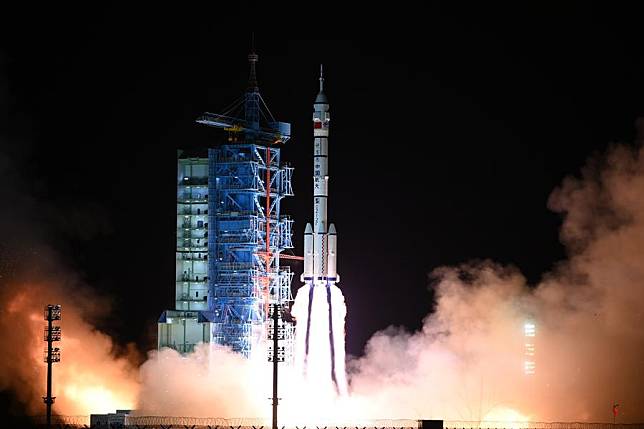 The Shenzhou-19 crewed spaceship, atop a Long March-2F carrier rocket, is launched from the Jiuquan Satellite Launch Center in northwest China, Oct. 30, 2024. (Photo by Wang Jiangbo/Xinhua)