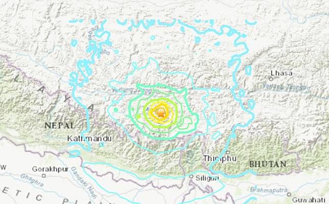 中國西藏自治區日喀則市發生強震，美國地質調查所測得規模7.1。取自USGS