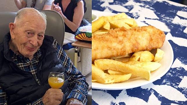 111歲的英國老兵提尼斯伍德（左圖，翻攝X@TheSun），最愛的美食是英國名菜「炸魚薯條」（右，翻攝Pixabay），養生秘訣是「凡事適度」這4個字。