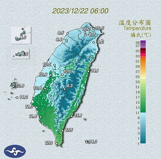 今天(22日)清晨是這波寒流影響最強的時段，今晨本島平地最低溫在桃園楊梅僅6.7度，氣象署持續對19縣市(除高雄、屏東、澎湖)發布低溫特報。(圖擷取自中央氣象署)