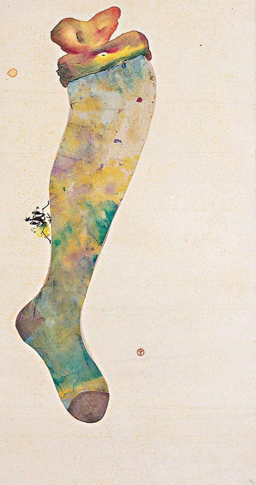 《無題（螳螂附絲襪）》（1960年）展示周綠雲從嶺南畫派及西方藝術吸收的精華。（受訪者提供）