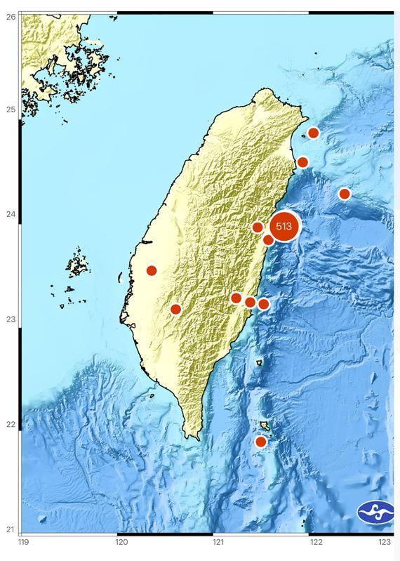 花蓮地區26日下午16時8分發生芮氏規模5.2地震，中央氣象署研判屬於0403花蓮大地震的餘震。 圖：中央氣象署／提供