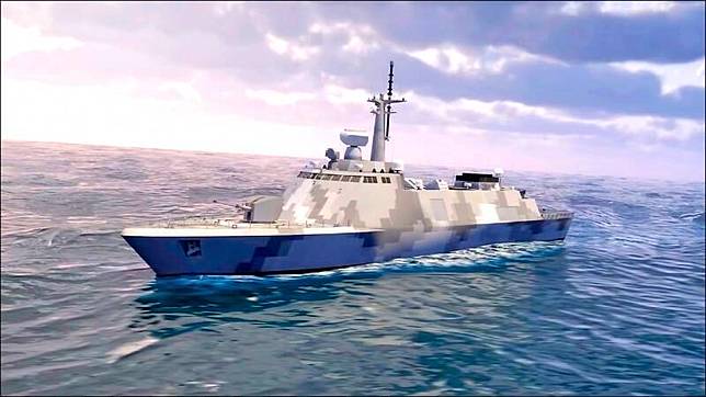 海軍計畫興建「防空型丶反潛型」2500噸級的輕型巡防艦原型艦各1艘。兩型艦配置火力及發射系統略有不同，「防空型」的B砲位位置，是在甲板下方配置垂直發射系統，以及最多可達32枚的海劍二防空飛彈，將可大幅提升軍艦的防空戰力。圖為中科院先前公佈1400噸級輕型巡防艦概念影片。(資料照)