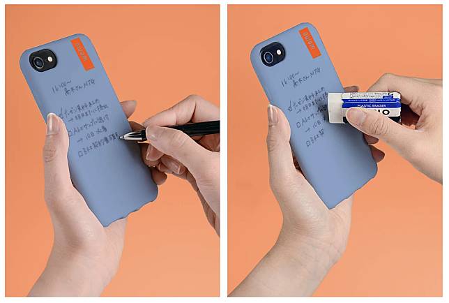 使用者可於WEMO手機殻上以原子筆書寫筆記，使用擦膠擦去文字便可重覆使用。