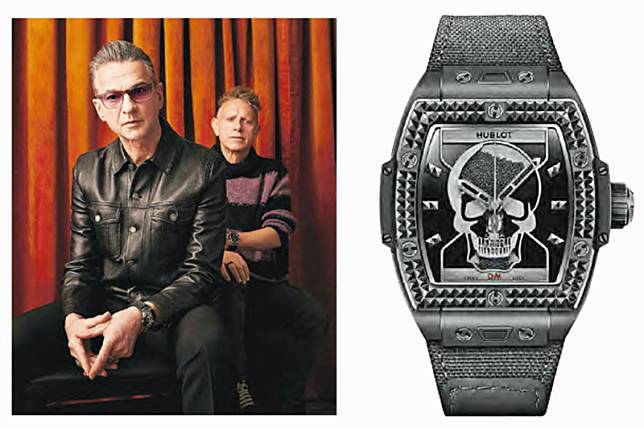 Depeche Mode聯乘表–Hublot與Depeche Mode（左）合作Spirit of Big Bang Depeche Mode腕表（右），其42毫米表殼由微珠噴砂及拋光黑色陶瓷製成，定價31,000瑞士法郎（約273,959港元）。（品牌提供）