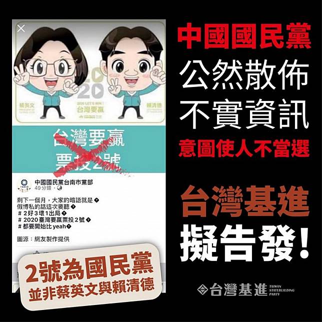 國民黨台南市黨部在臉書張貼一張蔡、賴配的卡通造型圖卡，並寫上「台灣要贏　票投２號」的字樣，被質疑造假意圖使人不當選。(記者蔡文居翻攝)