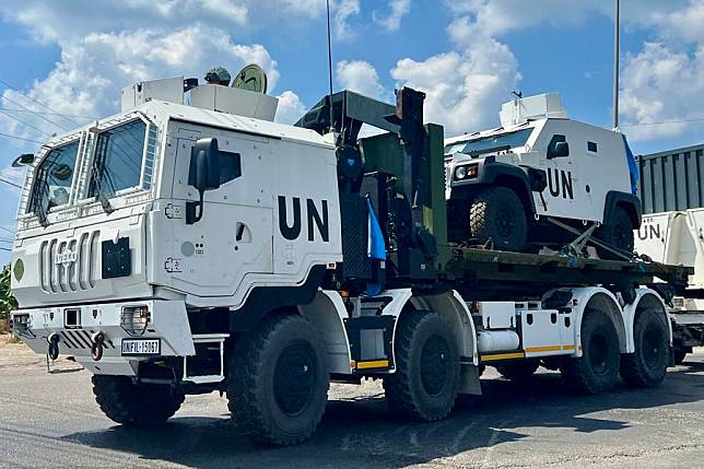 This photo shows UN vehicles in Tyre, Lebanon, on Aug. 29, 2024. The UN Security Council unanimously adopted a resolution on Wednesday to extend the mandate of the United Nations Interim Force in Lebanon (UNIFIL) until Aug. 31, 2025. (Photo by Ali Hashisho/Xinhua)