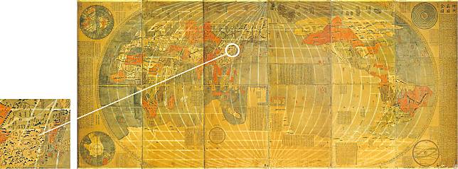 科大藏有一張17至18世紀由日本人摹繪意大利傳教士利瑪竇所製作的中文版世界地圖《坤輿萬國全圖》，將「大明」放近地圖中央（白圈示），圖中不少地名的中譯沿用至今。（受訪者提供）