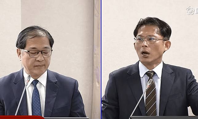 立委黃國昌（右）質詢法務部長鄭銘謙（左）。（取自國會頻道直播）