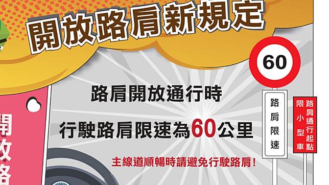 高速公路路肩通常限速都只有60km/h，網路上有人詢問究竟在路肩超速會不會被開罰？(圖片來源/ 高公局)