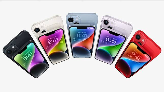 iPhone 14和 iPhone 14 Plus提供午夜色、星空色、藍色、紫色和紅色。（圖／翻攝Apple Event）