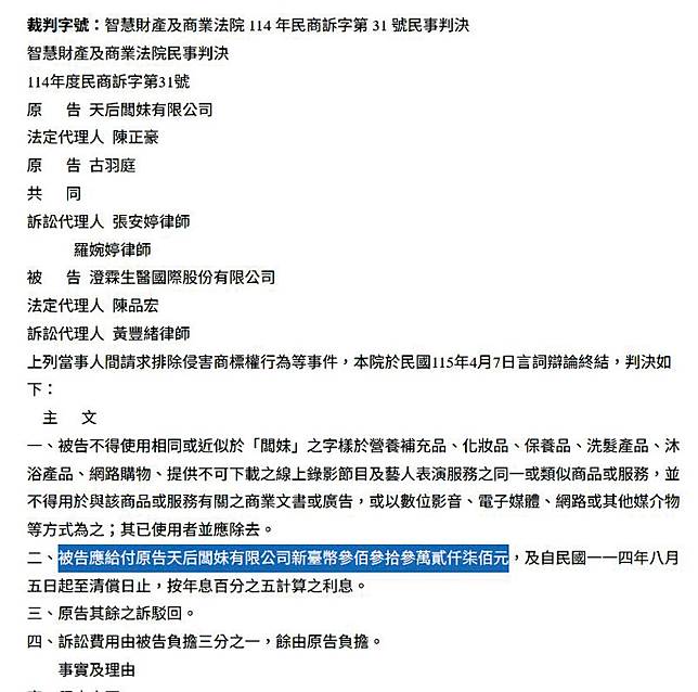 天后闆妹怒告「板妹有限公司」和使用「澄霖闆妹」（右圖）的澄霖生醫，均獲勝訴。（翻攝自司法院裁判書網站） 