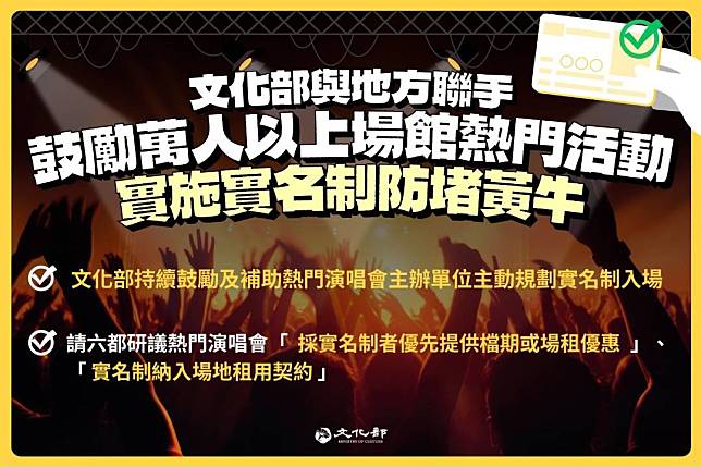 文化部與地方聯手 鼓勵萬人以上場館熱門活動實施實名制以防堵黃牛