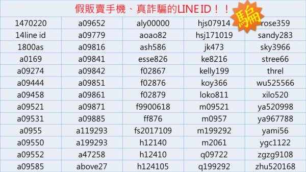 刑事局公布65組「千萬別加好友」的詐騙LINE ID。(圖擷取自165反詐騙宣導粉絲頁)