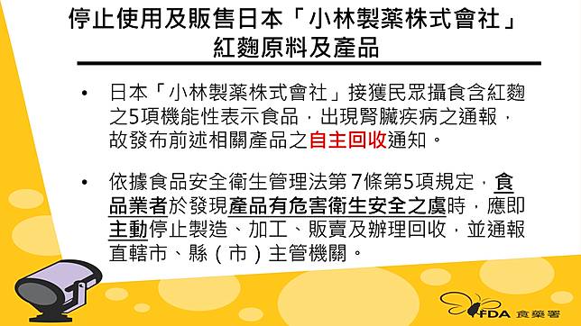 食藥署27日表示，食藥署尚未接獲自主通報資訊的廠商數多達41家，對此，食藥署將進行調查是否有未依《食品安全衛生管理法》第7條第5項規定進行自主通報之情事。(圖:食藥署)