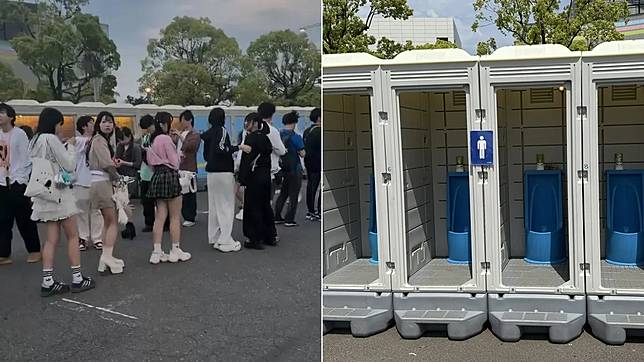 排隊隊伍旁設置沒有門的公廁，近日在日本社群引發熱議。翻攝自X