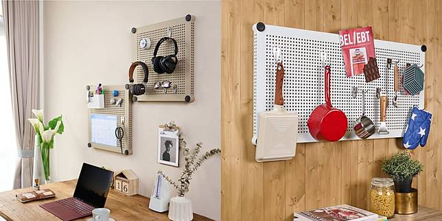 洞洞板在家居裝潢中兼具實用性與美觀性，能靈活創造出高度個性化的收納與展示空間。圖：鐵坊家具提供