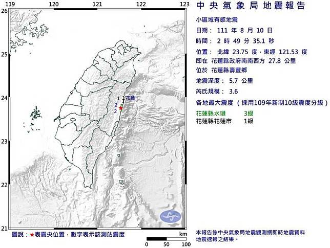 花蓮縣今凌晨近3點發生芮氏規模3.6地震，地震深度僅5.7公里。(圖擷自氣象局)