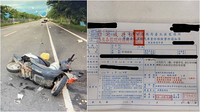 網友上網分享自己騎車被撞但因為強制險過期而收到罰單的經驗。（圖片來源/ 左起TVBS示意圖、臉書爆怨2公社）