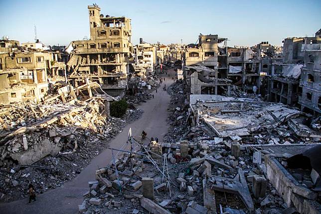 This photo taken on Oct. 6, 2024 shows the rubble of destroyed buildings in the northern Gaza Strip city of Jabalia. (Photo by Mahmoud Zaki/Xinhua)