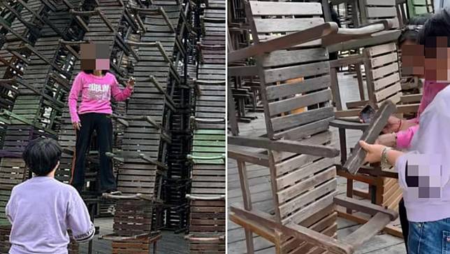 婦人踩上駁二「椅子樂譜」的木椅拍照，椅子應聲斷裂，高市文化局表示，駁二將會求償。翻攝自臉書爆料公社二社