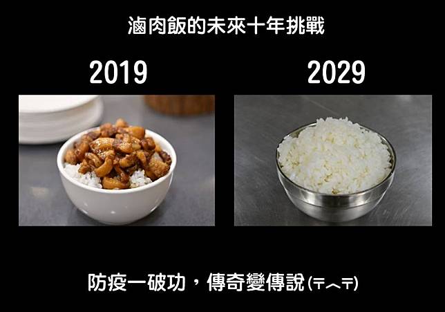 內政部PO出一張「2019年」與「2029年」的滷肉飯對比圖，但2029年的滷肉飯僅為一碗白飯。   圖：擷自內政部大小事-內政部臉書粉絲專頁