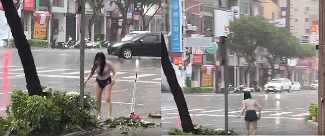 高雄一名女子頂著風雨，在路邊幫忙清理水溝，被網友們稱為高雄「最美天使」（圖：截自Threads）