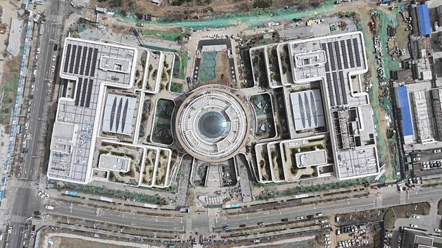 An aerial drone photo taken on March 28, 2024 shows the construction site of the China Telecom smart city industrial park in Xiong'an New Area, north China's Hebei Province. (Xinhua/Mu Yu)